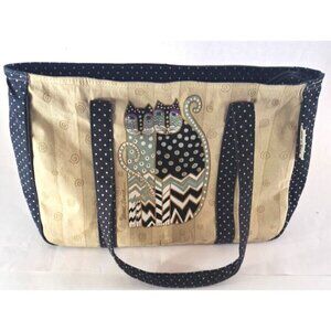 Laurel Burch Tote Bag Cats Zip Polka Dot Canvas Cat Lady Blue Tan 18x10